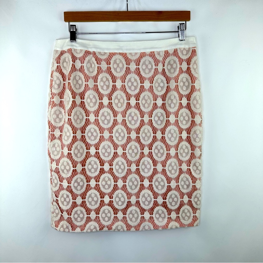 Byron Lars Ivory & Blush Pink Knee Length Contrast Overlay Lace Pencil Skirt 12 - Picture 2 of 9